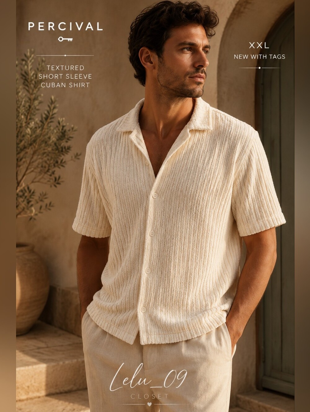 Percival Textured Cuban Collar Shirt | NWT | XXL | Made in Portugal